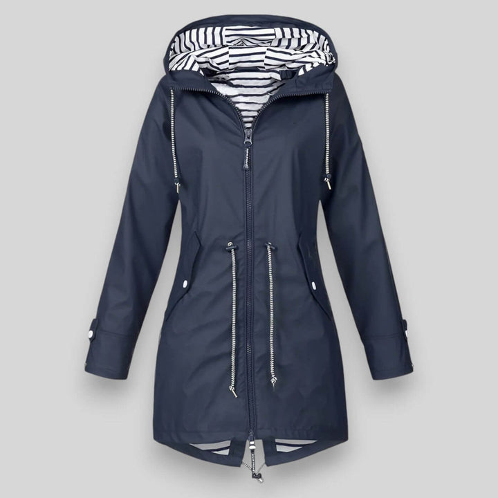 Women's stylish waterproof rain jacket, lightweight & durable. Perfect hooded outerwear for spring & fall weather.