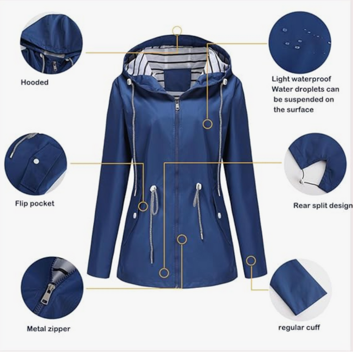 Women's durable waterproof rain jacket, lightweight & stylish. Hooded design ensures full weather protection.