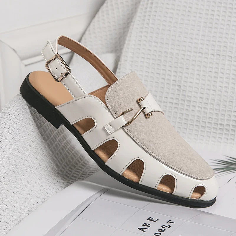 Side view of women's slingback loafers, highlighting the buckle detail and low heel