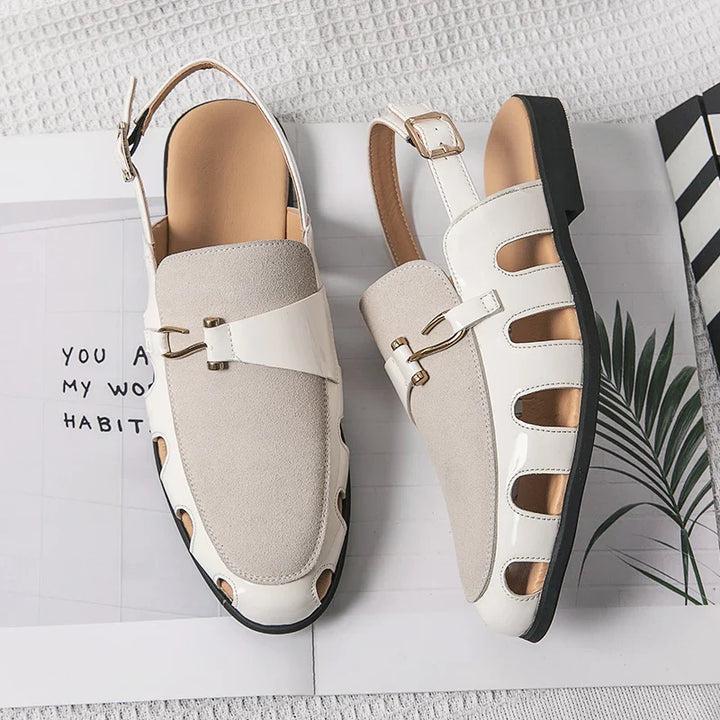 Woman wearing comfortable suede slingback loafers strolls outdoors, elegant summer shoes