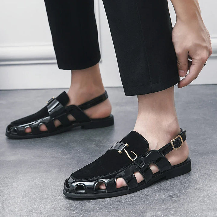 Close-up of the buckle on women's suede slingback loafers, a chic detail