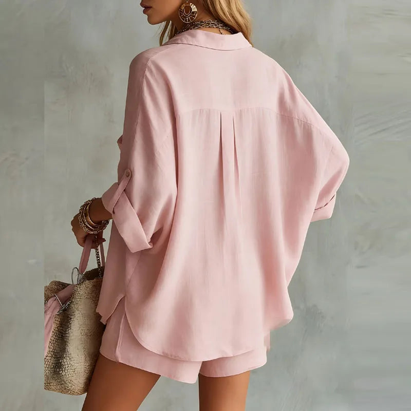 Breathable women's linen shorts set, a comfortable two-piece matching set for relaxed summer casual wear.