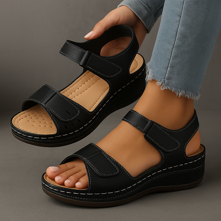 Stylish women's orthopedic wedge sandals with excellent arch support, ideal for warm weather comfort.