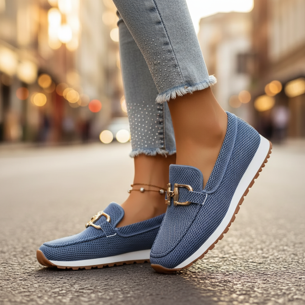 Women's Suzane orthopedic blue loafers. Cushioned slip-on shoes for all-day comfort & support.