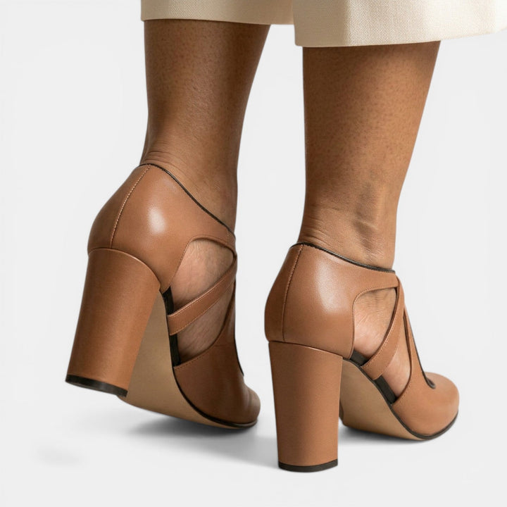 Red women's high heel T-Strap Sandals with a classic round toe & secure buckle. Perfect elegant evening wear.