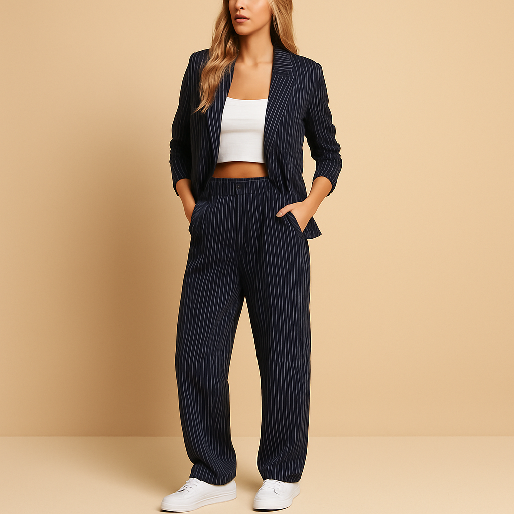 Women's tailored blazer and trousers set, elegant formal wear for office, business casual, or polished occasions.
