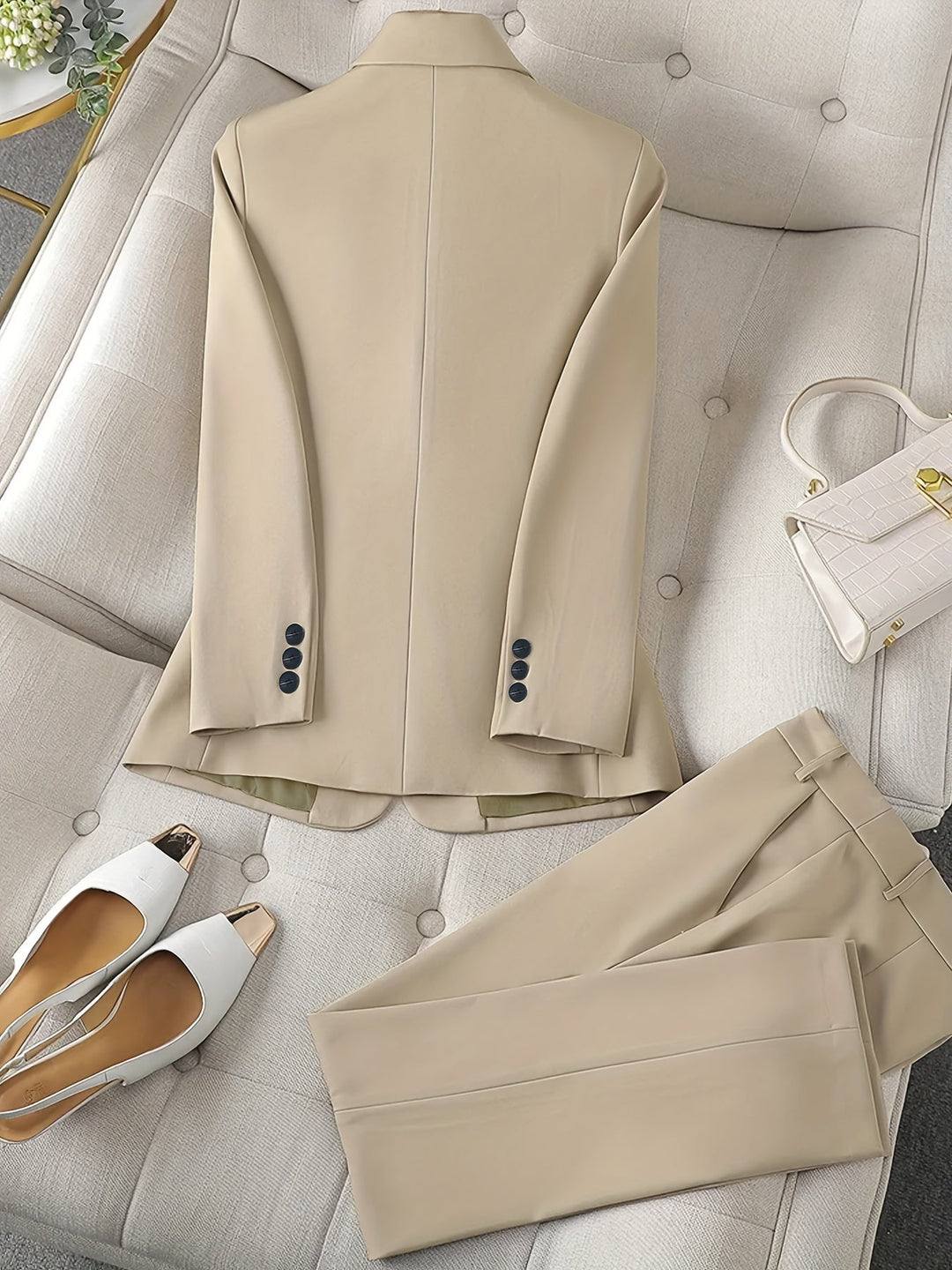 Front view: Women's tailored blazer set with notched lapel, excellent for professional fashion & office wear.