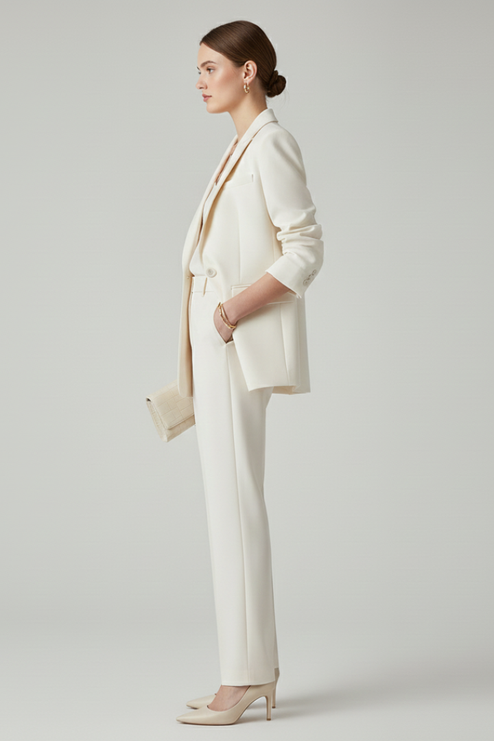 Elegant women's tailored blazer and straight-leg trousers set, a complete formal and business casual outfit.