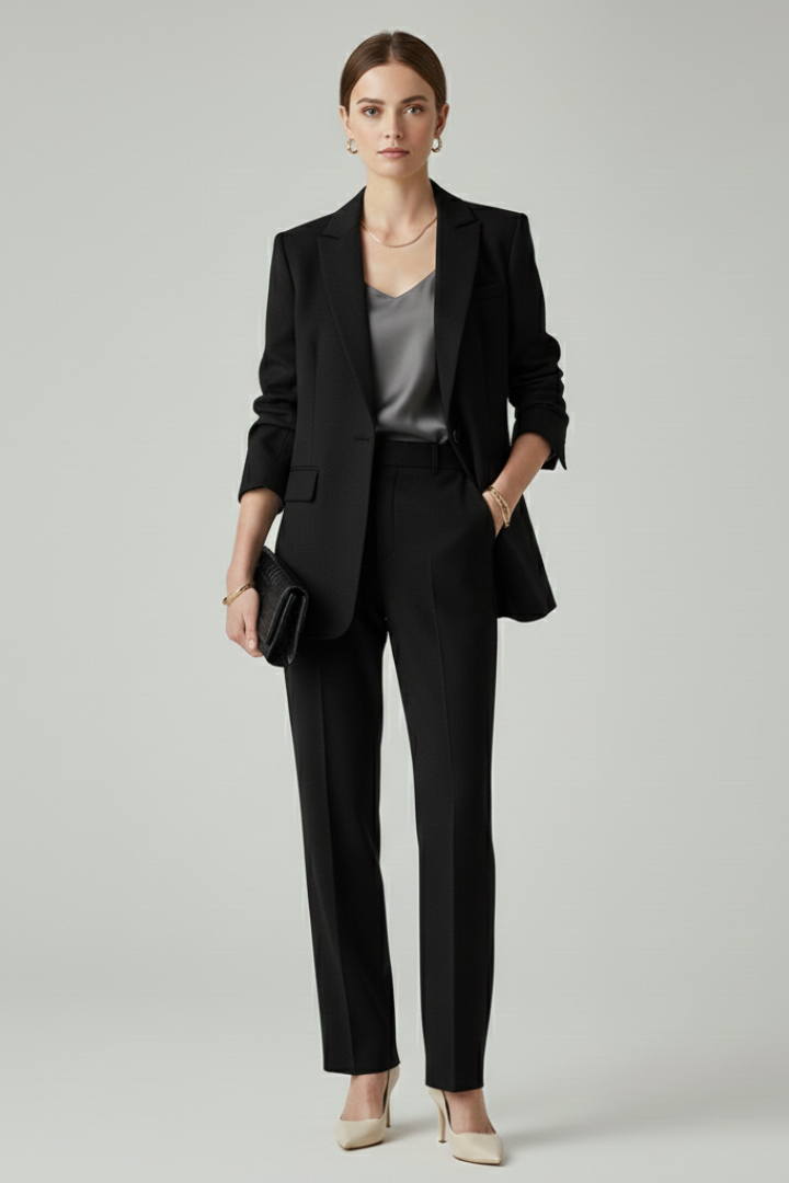 Close-up of the fabric texture of a women's tailored blazer and straight-leg trousers set, professional quality.