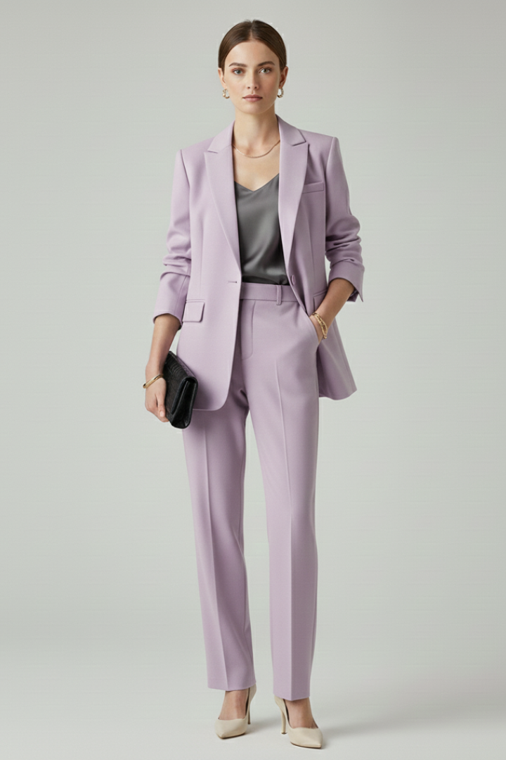 Modern women's tailored suit with a chic blazer and straight-leg trousers. Perfect for work or special events.