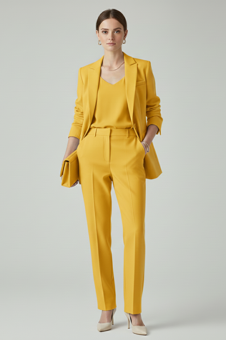 Complete women's workwear set featuring a tailored blazer and comfortable straight-leg trousers for elegance.