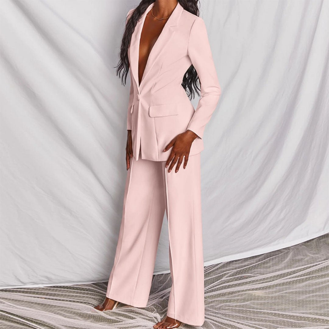Sleek women's tailored suit set with a flattering fit, perfect for business meetings & elegant events.