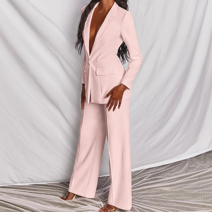 Sleek women's tailored suit set with a flattering fit, perfect for business meetings & elegant events.