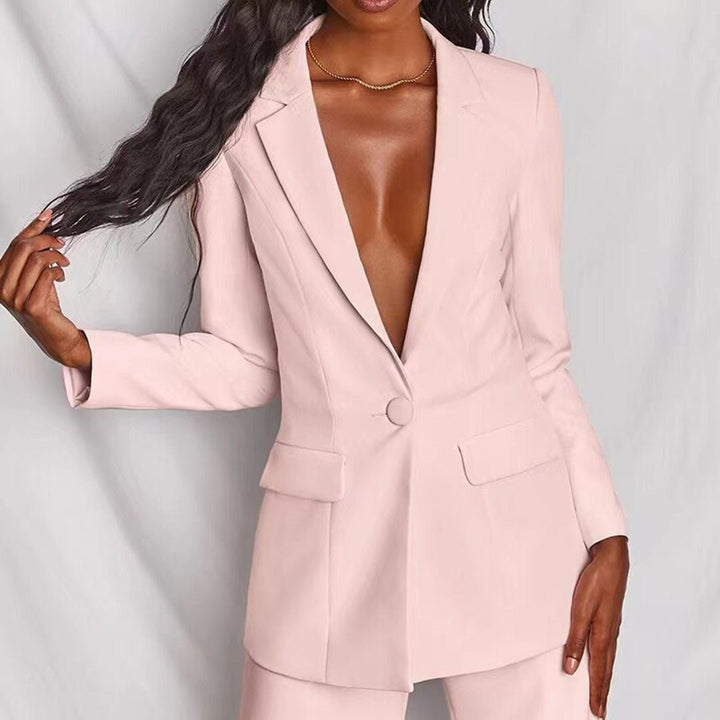 Women's chic tailored blazer & trousers matching set, versatile for office attire or elegant fashion.