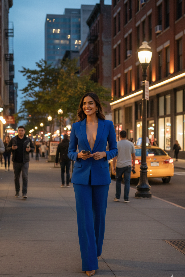 Fashionable women's co-ord set featuring a tailored blazer & smart wide leg trousers for a chic look.