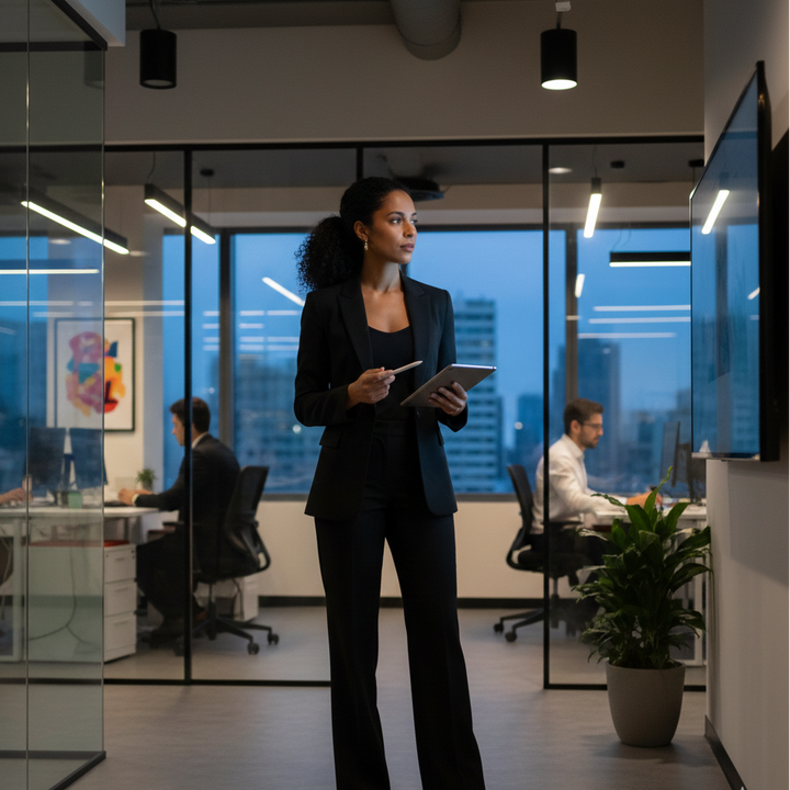 Stylish women's tailored blazer and comfortable wide-leg trousers ensemble, a modern and versatile office suit.