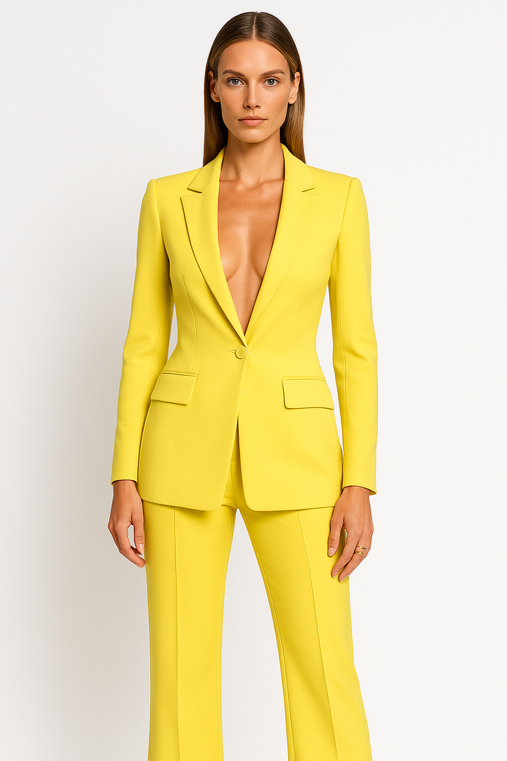 Versatile women's blazer & wide leg pant set, ideal for elegant office wear, formal occasions, or smart casual.
