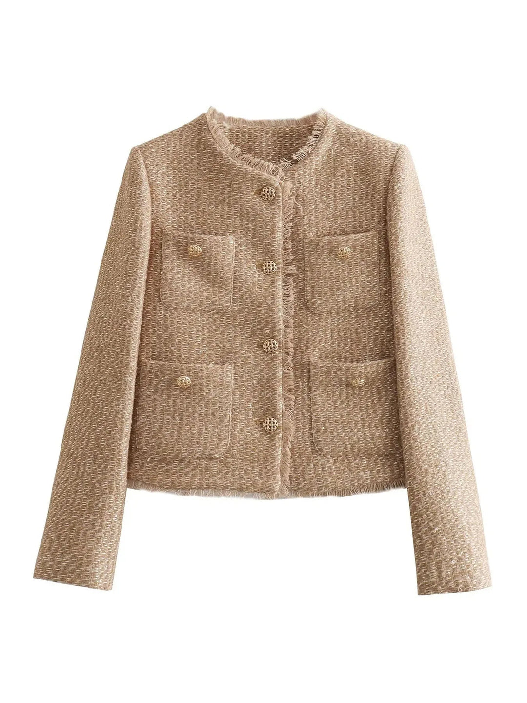 Sophisticated women's cropped jacket, tailored and collarless, with elegant fringe; stylish outerwear.