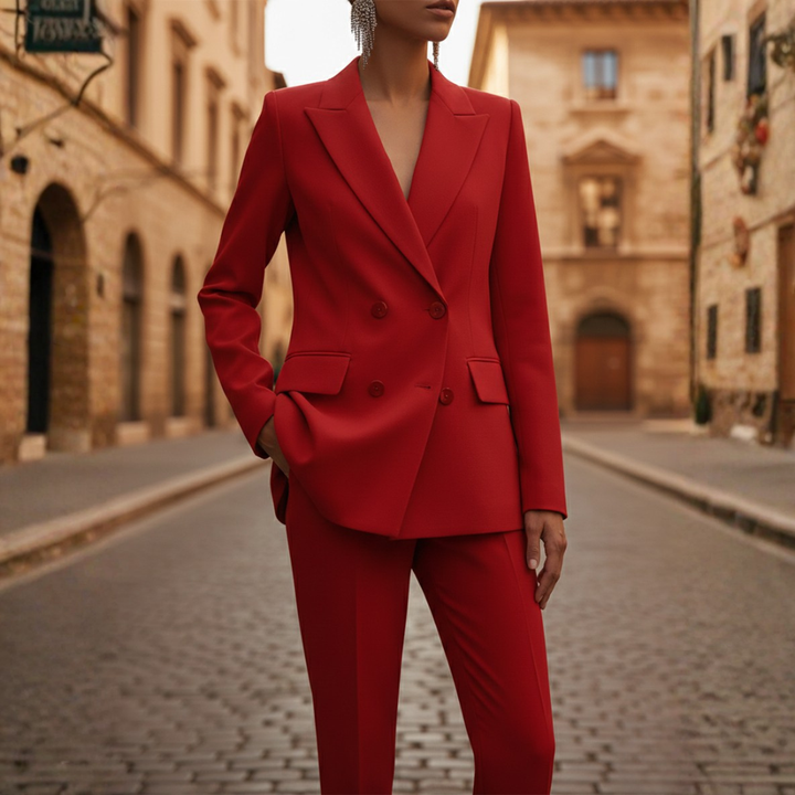 Versatile women's two-piece suit set: double-breasted blazer & straight leg pants, perfect for business.