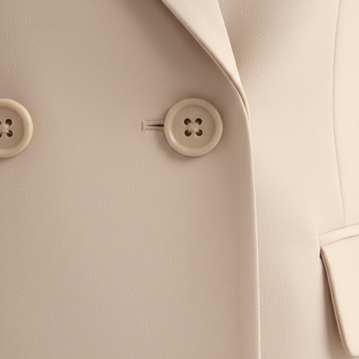 Chic women's double-breasted blazer and straight leg pants, a sophisticated tailored workwear set.