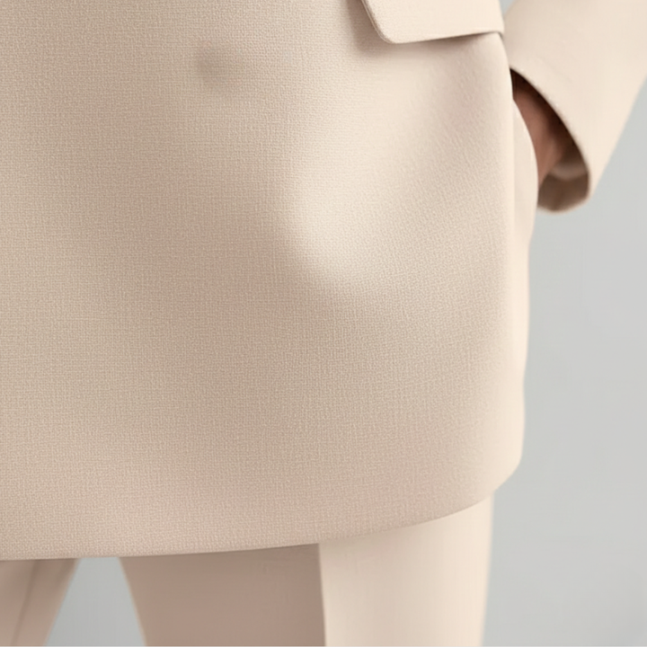 Slim-fit women's professional suit set, featuring a tailored double-breasted blazer & straight leg pants.