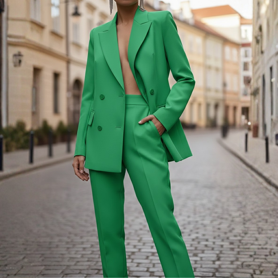 Stylish women's double-breasted suit set, a tailored blazer & straight-leg pants for a sleek office outfit.