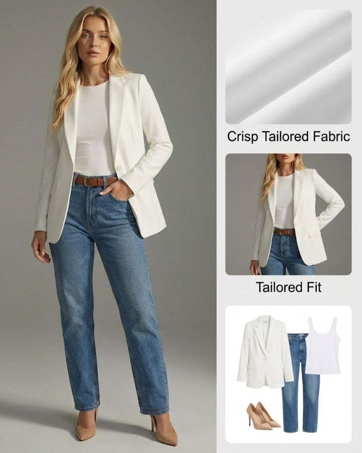 Women's tailored single-button blazer with elegant ruched sleeves, perfect for professional office wear & workwear.