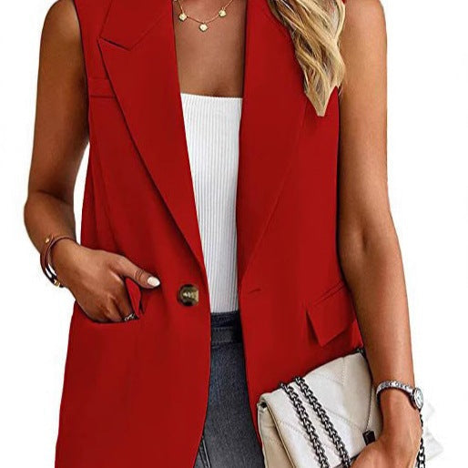 Women's tailored sleeveless blazer vest in a chic, versatile style. Perfect for professional office wear.