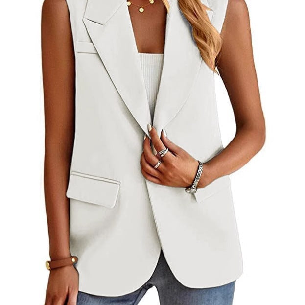 Elegant women's sleeveless blazer vest, tailored fit. Ideal for chic layering & versatile office fashion.