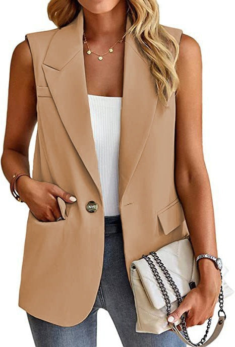 Versatile women's tailored sleeveless blazer vest. Chic professional office wear, easy for layering fashion.