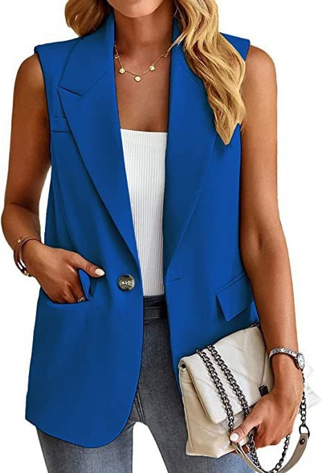 Chic women's tailored sleeveless vest, a modern blazer style. Elegant for professional settings & fashion.