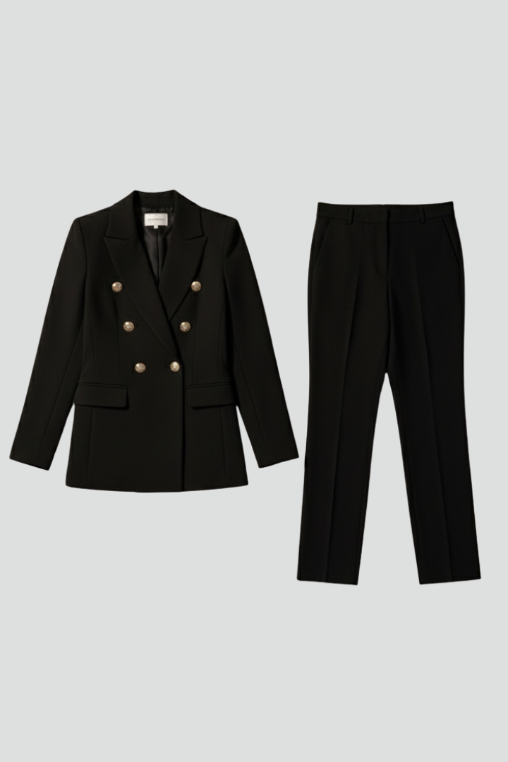Women's tailored suit set with a blazer and straight trousers, perfect for professional power dressing.