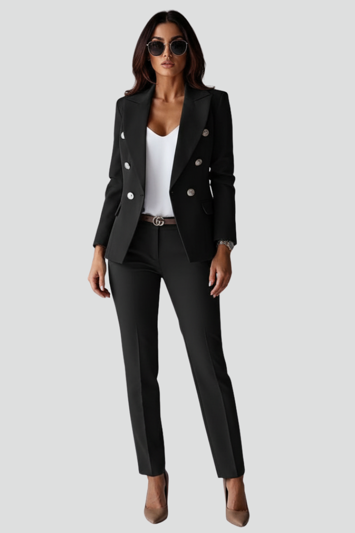 Elegant women's blazer and straight-leg trousers suit for business attire and office fashion.