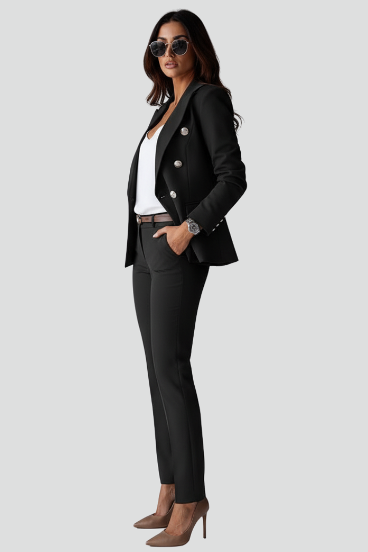 Chic women's power suit set, featuring a stylish blazer and straight trousers for formal wear.