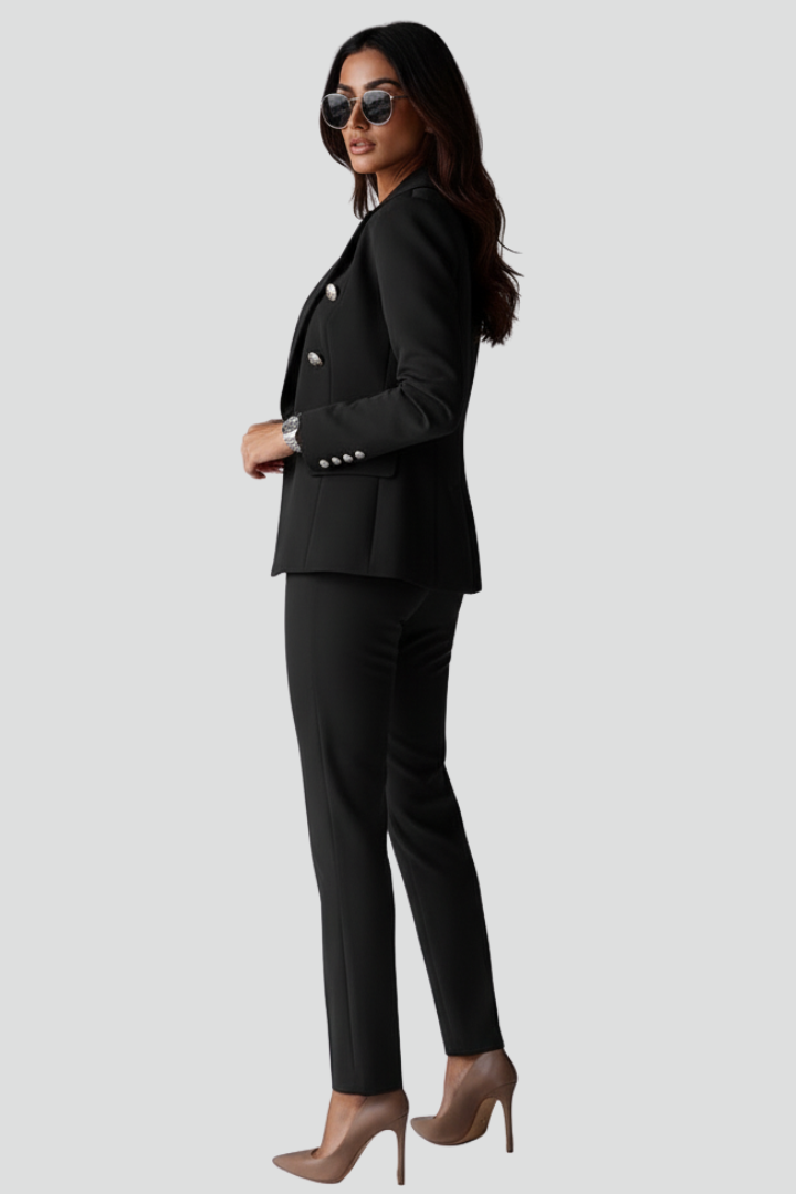 Classic black women's suit set: a sleek blazer & straight trousers for business professionals.