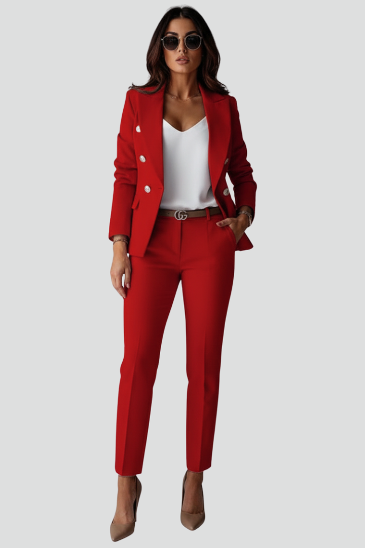 Women's professional blazer & straight trousers suit, empowering for business and formal settings.