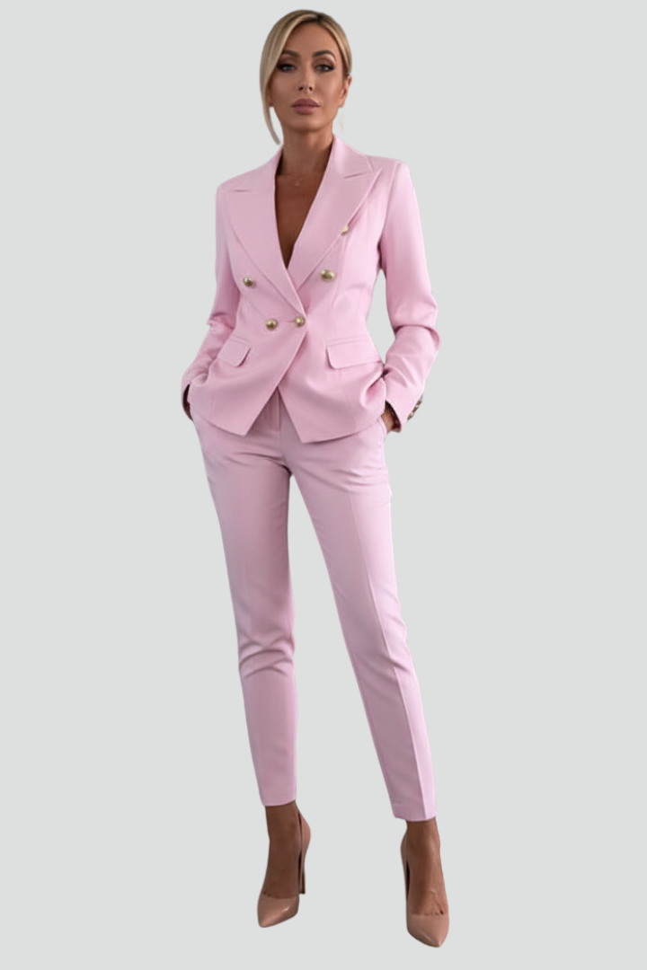 Women's elegant suit set, featuring a tailored blazer and straight trousers for office fashion.