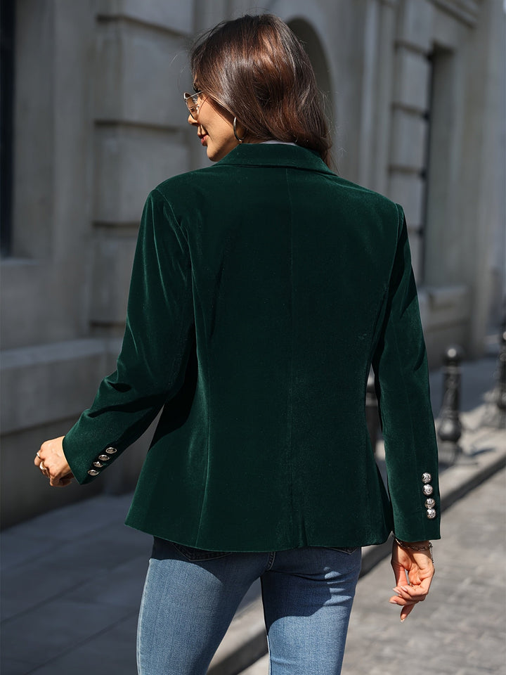 Chic women's tailored velvet blazer with gold buttons, ideal for office wear or elegant evening events.