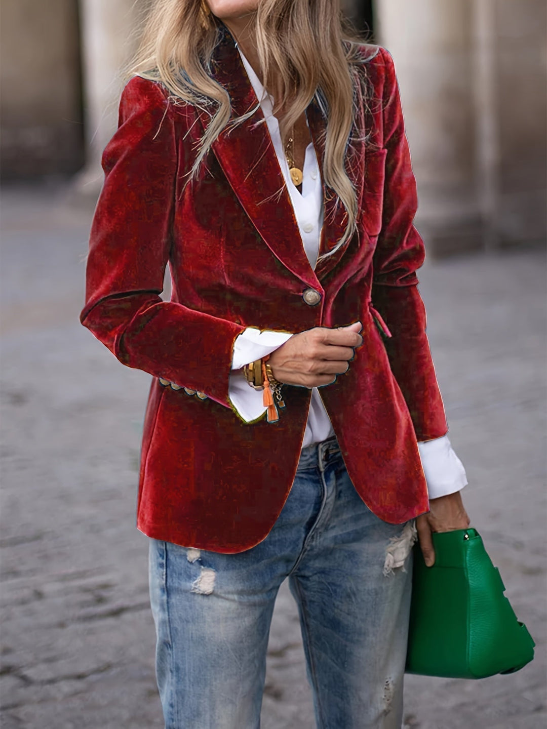 Luxurious velvet tailored blazer for women, featuring exquisite gold button detailing and a refined silhouette.