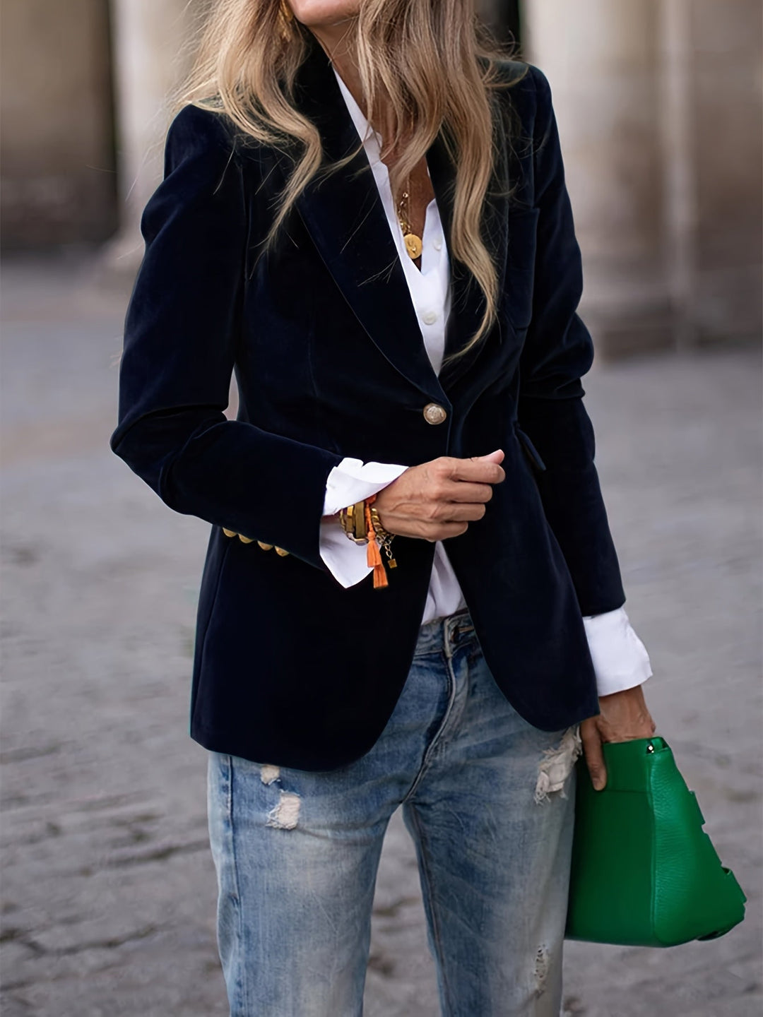 Versatile women's tailored velvet blazer with gold buttons; an elegant long-sleeve jacket for any occasion.