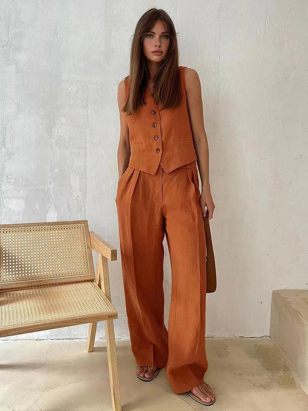 Elegant women's 2-piece tailored set with waistcoat & wide-leg pants for smart casual summer style.