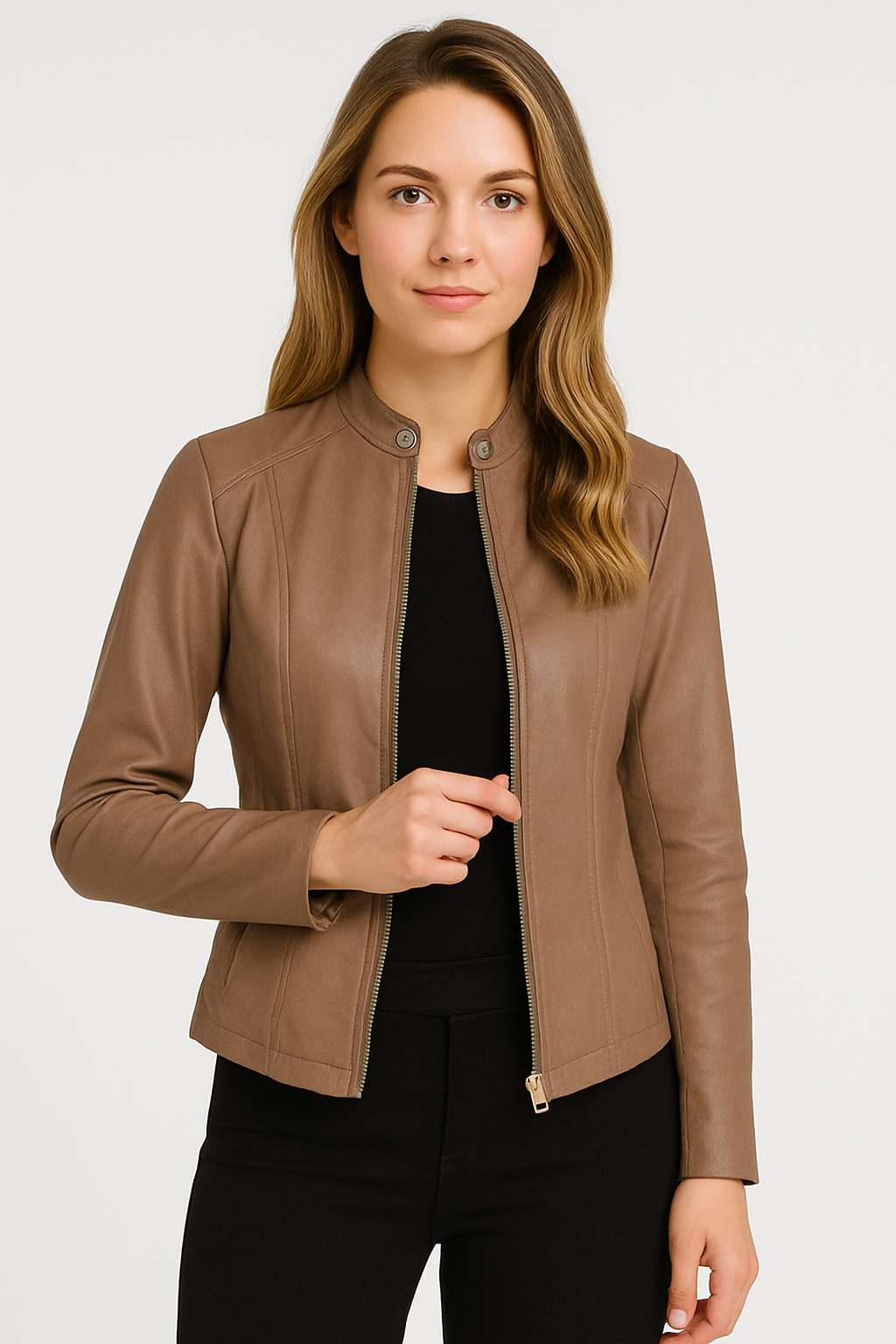 Tailored women's zip-up jacket. Modern, versatile outerwear for effortless everyday and chic evening styling.