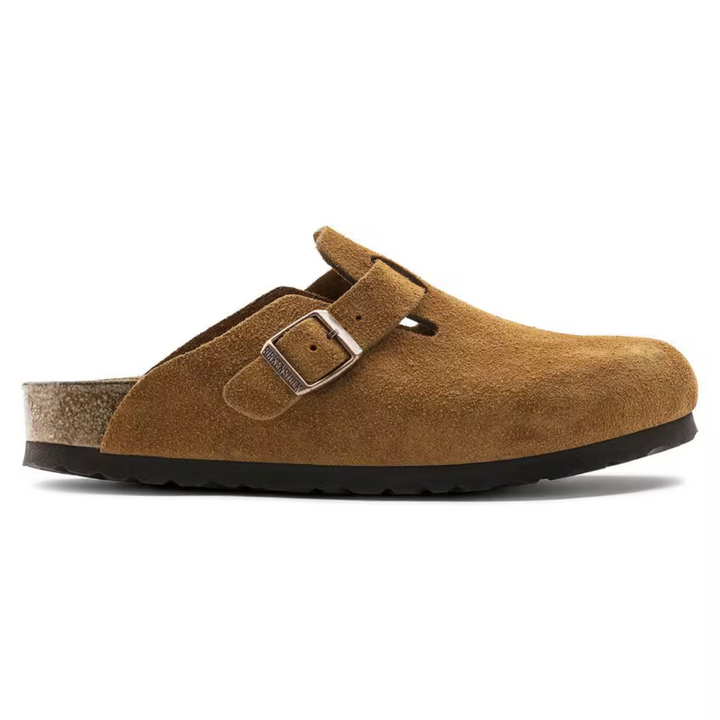 Versatile taupe women's clogs; comfortable slip-ons with cushioned support, suitable for everyday wear.
