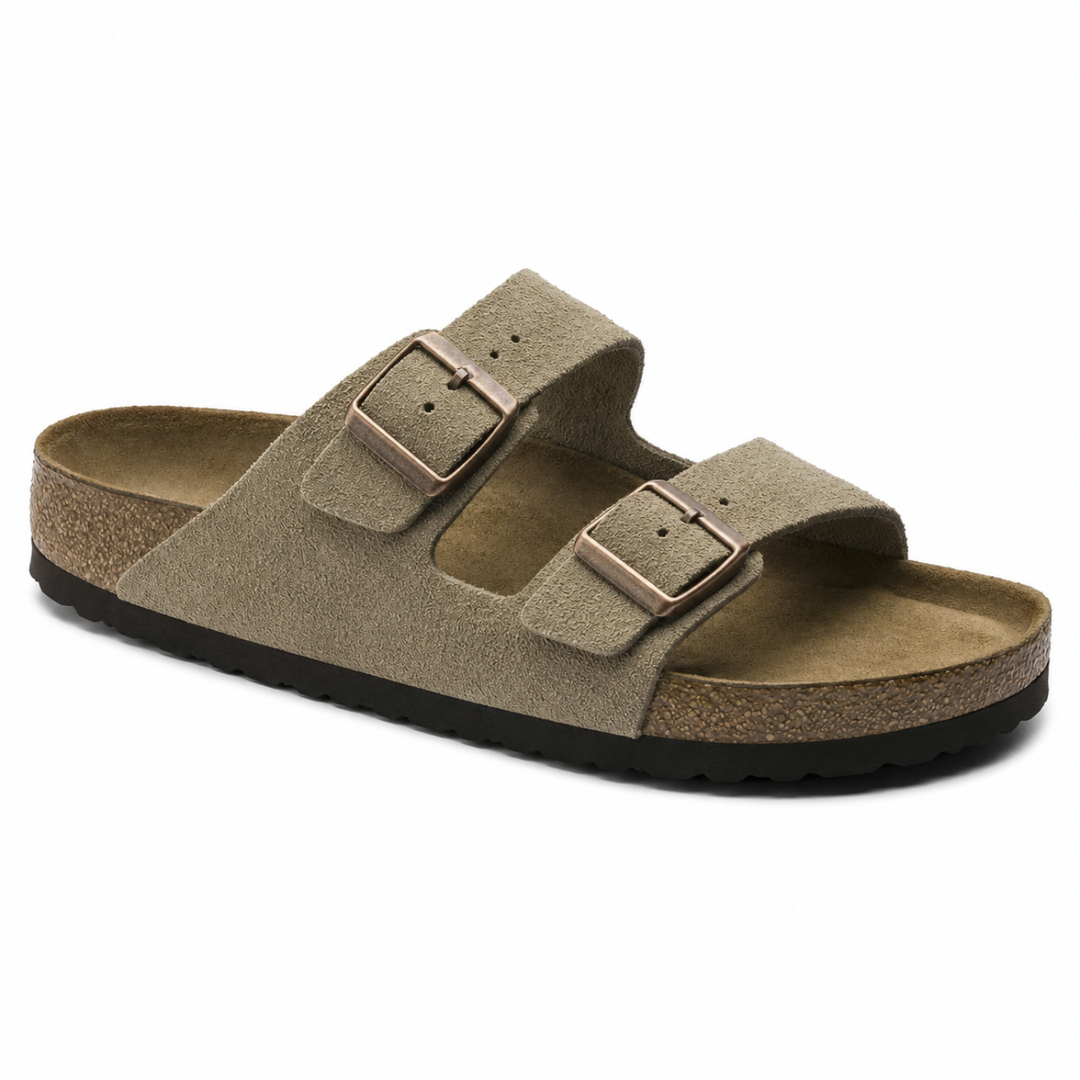 Women's taupe ergonomic casual sandals with adjustable straps, perfect for all-day comfort and foot support.