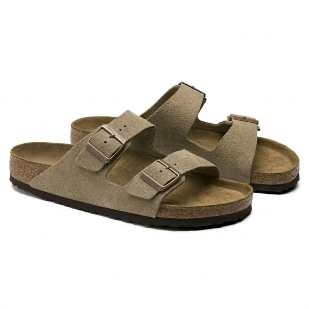 Versatile taupe women's sandals, ergonomic and comfortable with adjustable straps for all-day casual wear.