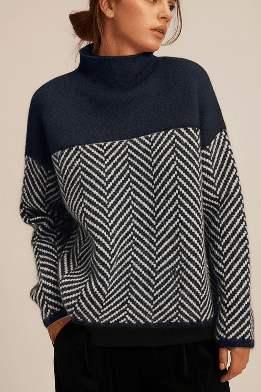 Stylish women's textured knitwear sweater with a stand-up collar. A warm, versatile long-sleeve top for fall fashion.