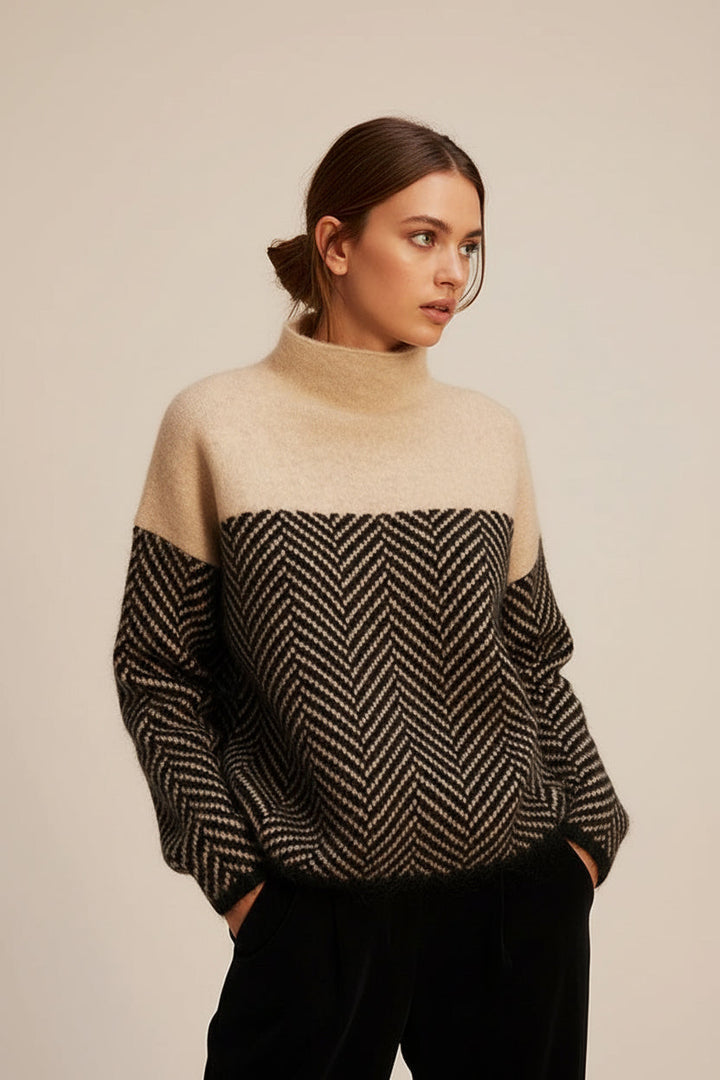 Cozy women's textured knit sweater with a stand-up collar. Warm long-sleeve jumper for winter apparel and fall fashion.