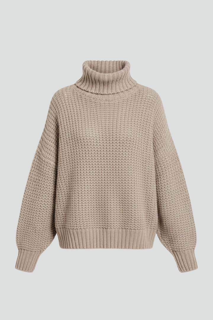 Women's textured turtleneck jumper; long sleeve, cozy winter fashion for casual wear.
