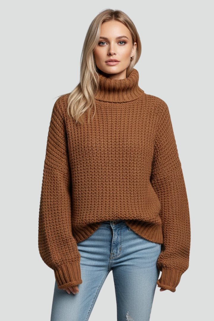 Women's cozy oversized textured turtleneck jumper, perfect for layering in fall & winter.