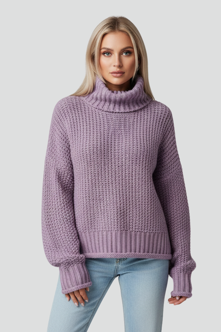 Elegant & cozy women's textured turtleneck knit sweater, long sleeve for stylish winter fashion.